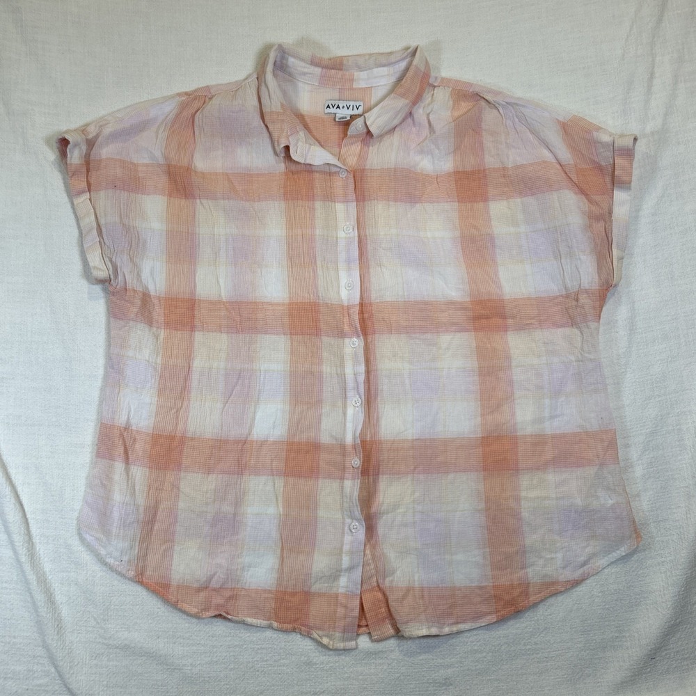 Ava & Viv Pink and Orange Plaid Button-Up Shirt Size 2X Plaid Sheer Top